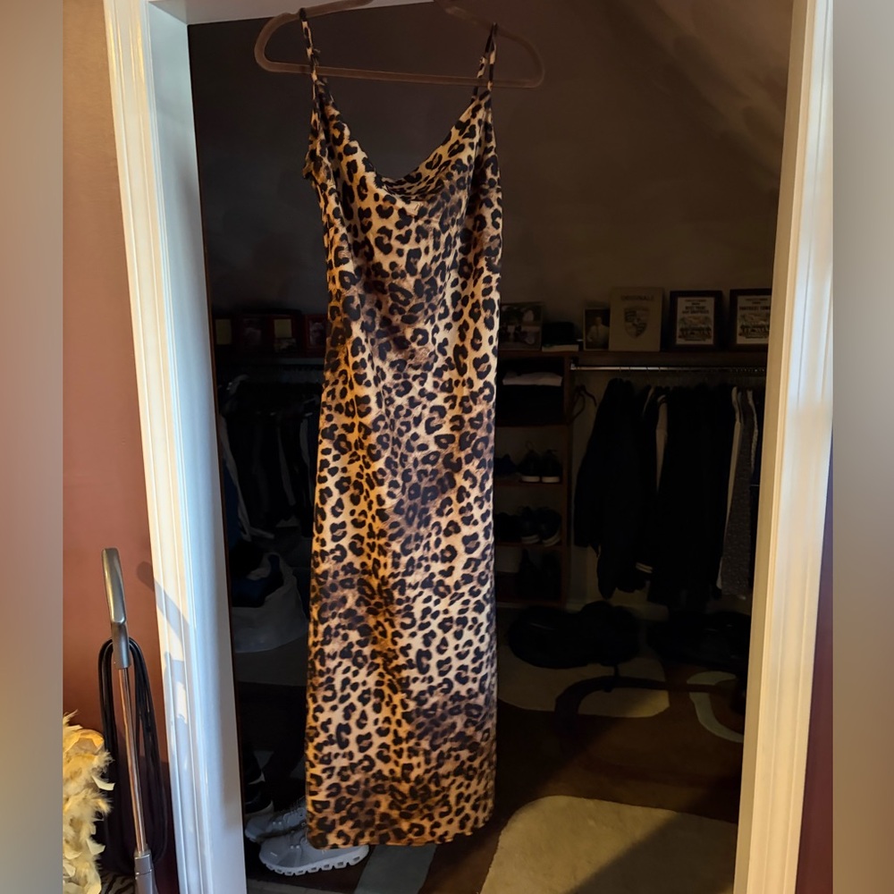 Shein Leopard Print Maxi Dress spaghetti strap draped neck